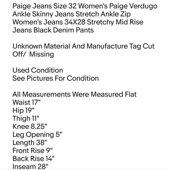 Paige Jeans Size 32 Women's Paige Verdugo Ankle Skinny Jeans Stretch Ankle Zip - Picture 7 of 7